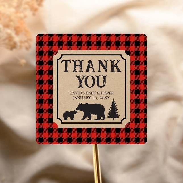 Lumberjack Bear Baby Shower  Quadratischer Aufkleber (Bear Plaid Baby Shower Sticker)