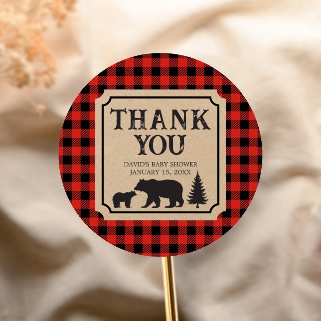 Lumberjack Bear Baby Shower  Runder Aufkleber (Bear Plaid Baby Shower Sticker)