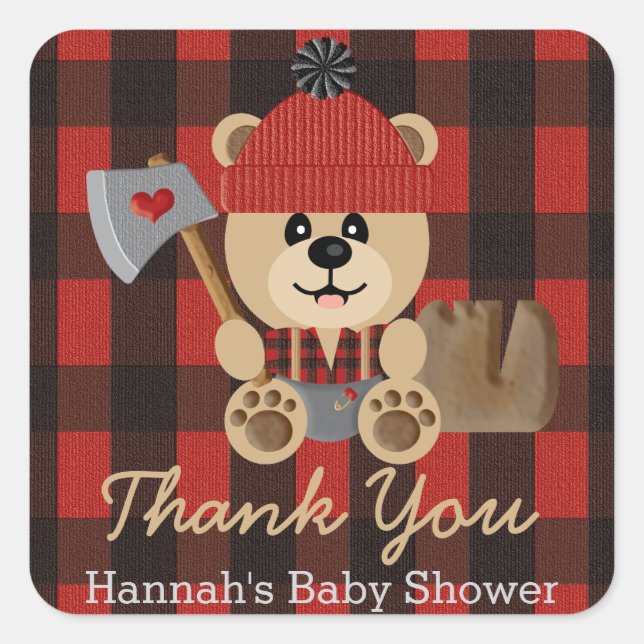 Lumberjack Bear in Diapers Baby Dusche Vielen Dank Quadratischer Aufkleber (Vorderseite)
