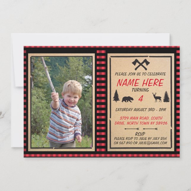 Lumberjack Birthday Invite Boys Karo Einladungen (Vorderseite)