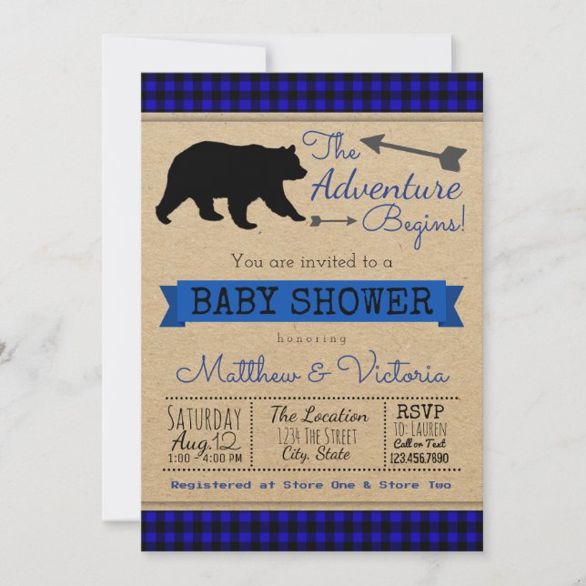 Lumberjack Blue Buffalo Kariert Boy Bear Baby Dusc Einladung (Vorderseite)