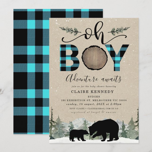 Lumberjack Blue Flannel Kraft Oh Boy Baby Dusche Einladung (Vorne/Hinten)