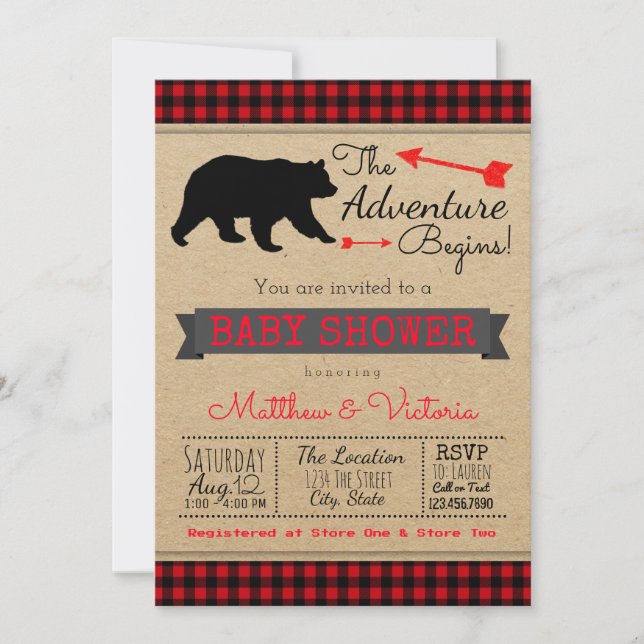 Lumberjack Buffalo Kariert Boys Bear Baby Dusche Einladung (Vorderseite)