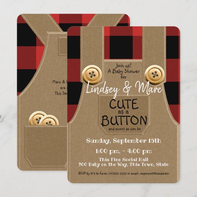 Lumberjack Flannel Niedlich als Button Baby Dusche Einladung (Vorne/Hinten)