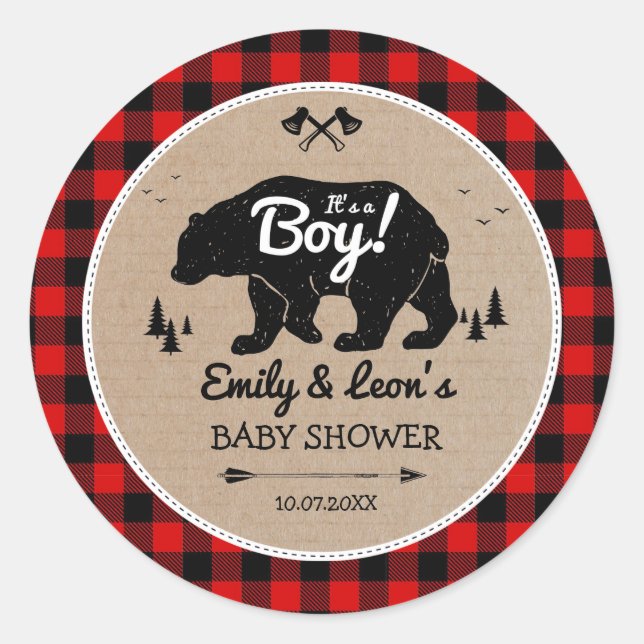 Lumberjack Forest Bear Adventure Boy Baby Dusche Runder Aufkleber (Vorderseite)