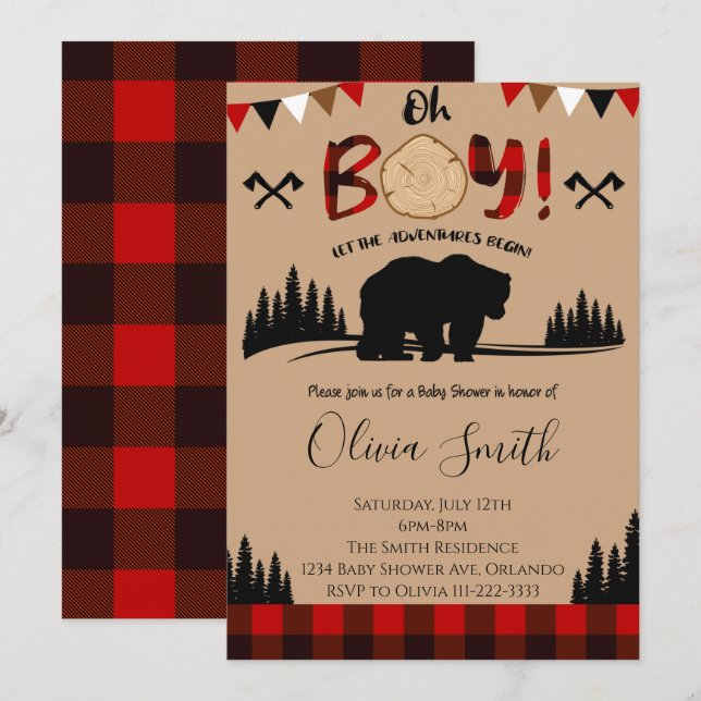 Lumberjack Kariert Baby Shower Boy Einladung (Vorne/Hinten)