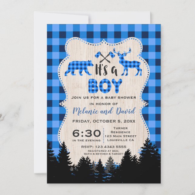 Lumberjack Little Hunter Blue Kariert Baby Dusche Einladung (Vorderseite)