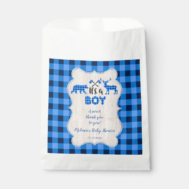 Lumberjack Little Hunter Blue Kariert Baby Dusche Geschenktütchen (Vorderseite)