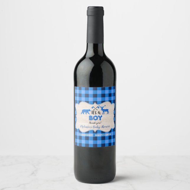 Lumberjack Little Hunter Blue Kariert Baby Dusche Weinetikett (Vorderseite)