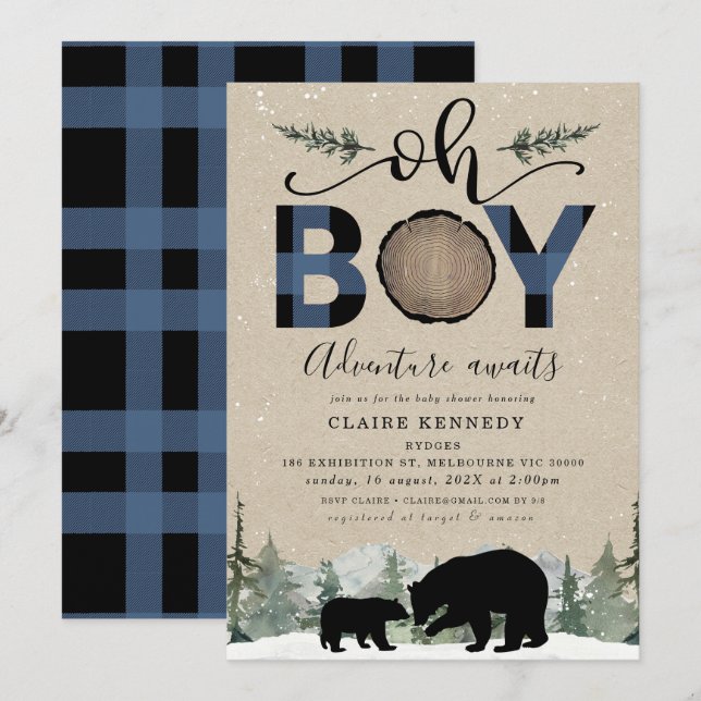 Lumberjack Navy Flannel Kraft Oh Boy Baby Dusche Einladung (Vorne/Hinten)