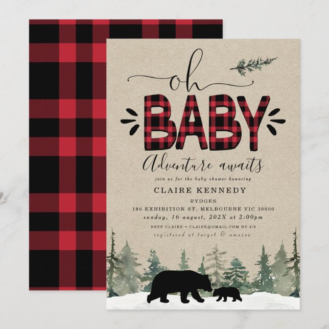 Lumberjack Oh Baby Flannel Babydusche Einladung (Vorne/Hinten)