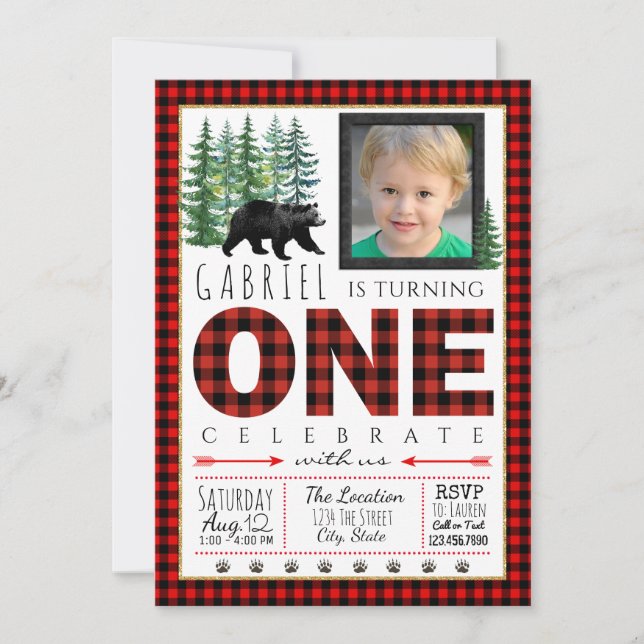 Lumberjack Photo First Birthday Party Invitation (Devant)