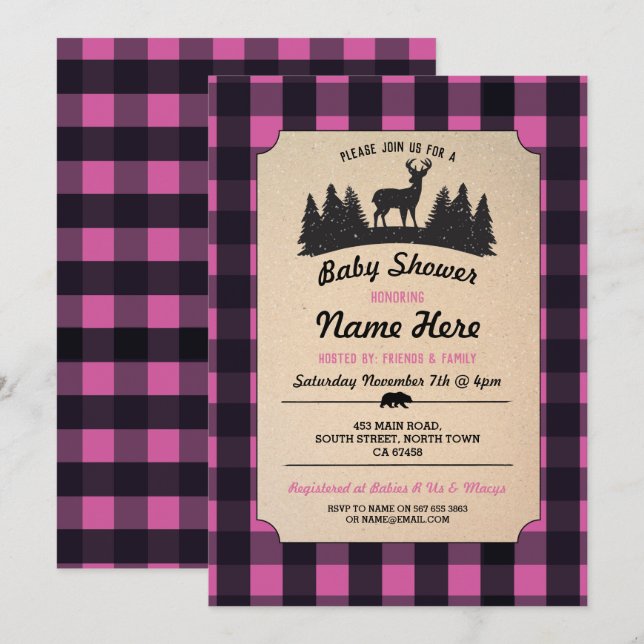Lumberjack Pink Baby Dusche Woodland Einladung (Vorne/Hinten)