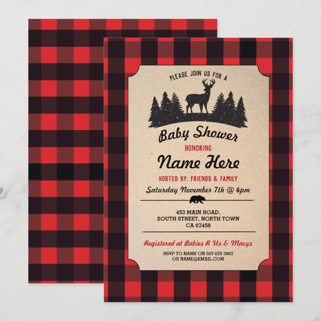 Lumberjack Red Baby Dusche Woodland Einladung (Vorne/Hinten)