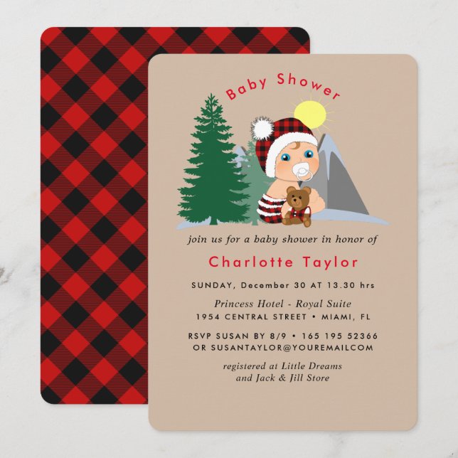 Lumberjack Red Black Kariert Niedlich Baby Dusche Einladung (Vorne/Hinten)