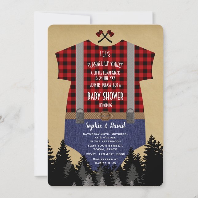 Lumberjack Red Buffalo Baby Anzug Baby Dusche Einladung (Vorderseite)