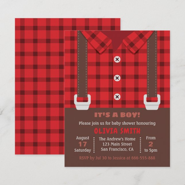 Lumberjack Red Buffalo Kariert Baby Boy Dusche Einladung (Vorne/Hinten)