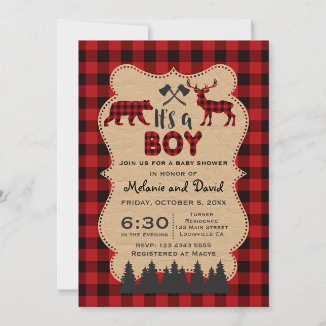 Lumberjack Red Buffalo Little Hunter Baby Dusche Einladung (Vorderseite)