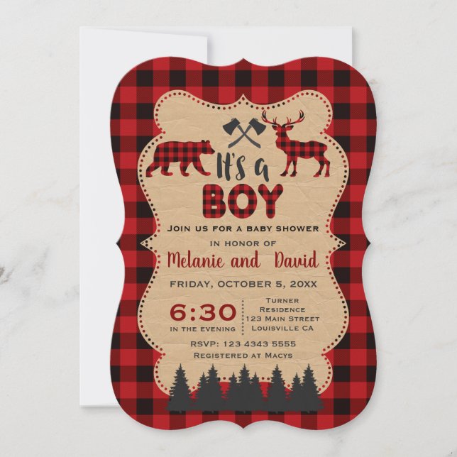 Lumberjack Red Buffalo Little Hunter Baby Dusche Einladung (Vorderseite)