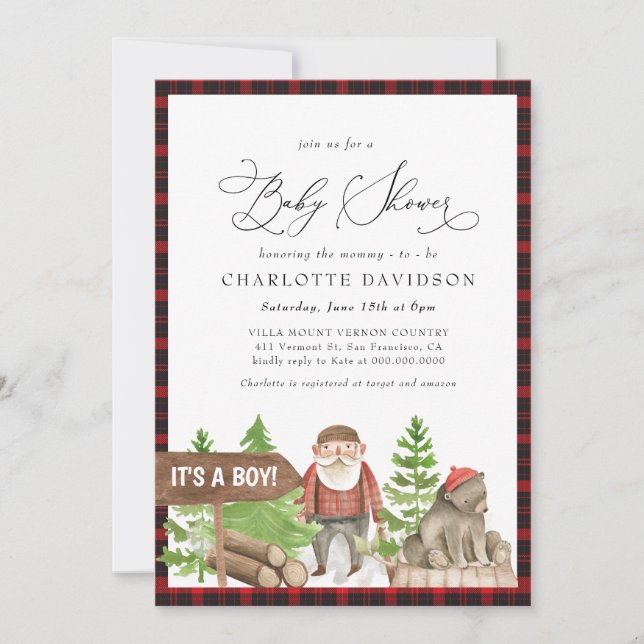 Lumberjack Rustic Bear Woodland Boy Baby Dusche Einladung (Vorderseite)
