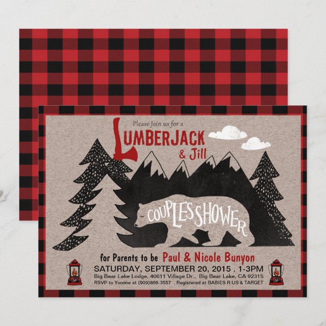 Lumberjack und Jill Couples Coed Baby Dusche Einladung (Vorne/Hinten)
