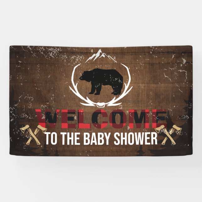 Lumberjack Welcome Baby Dusche Holz Kariert Banner (Horizontal)
