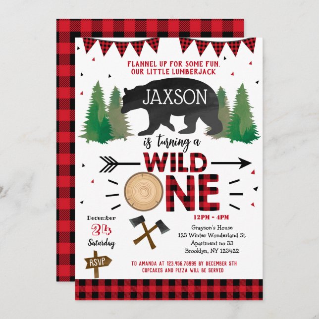Lumberjack Wild One First Birthday Invitations (Devant / Derrière)