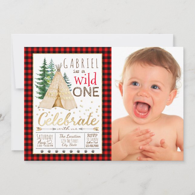 Lumberjack Wild One Tribal TeePee Erster Geburtsta Einladung (Vorderseite)
