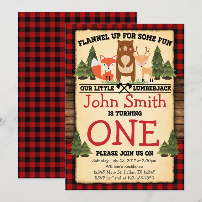 Lumberjack Woodland Anniversaire Fête Invitation (Devant / Derrière)