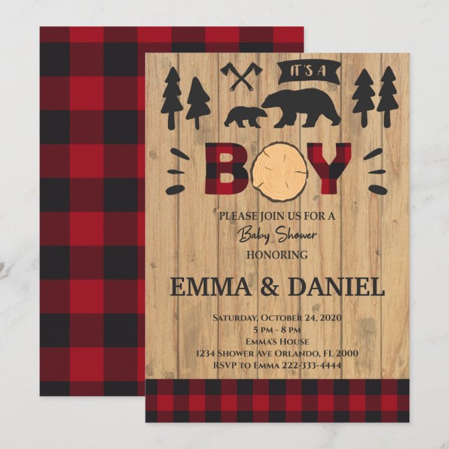 Lumberjack Woodland Baby Shower Boy Einladung (Vorne/Hinten)