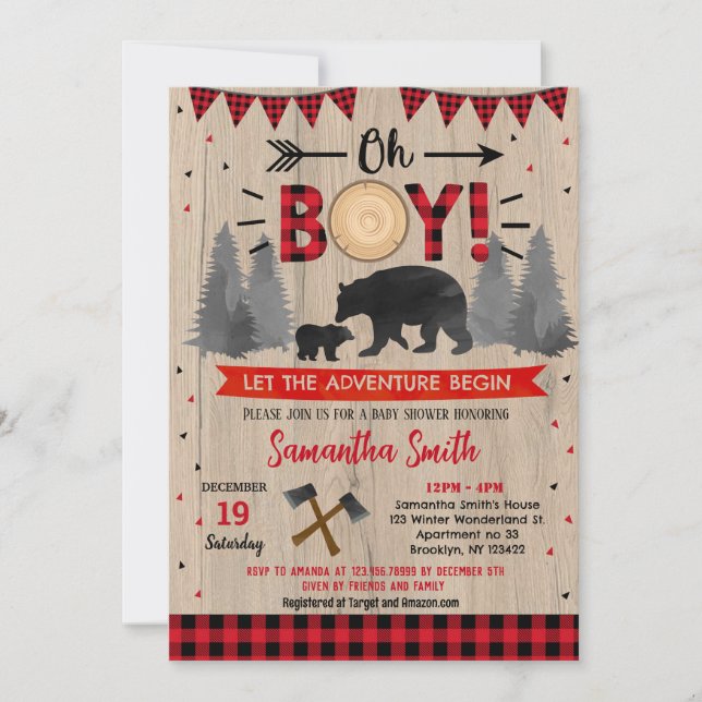Lumberjack Woodland Ours Bébé Douche Invitations (Devant)