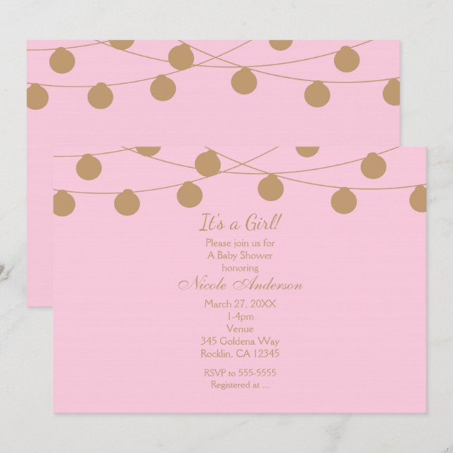 Lumières de chaîne modernes rose et or Invitations (Devant / Derrière)