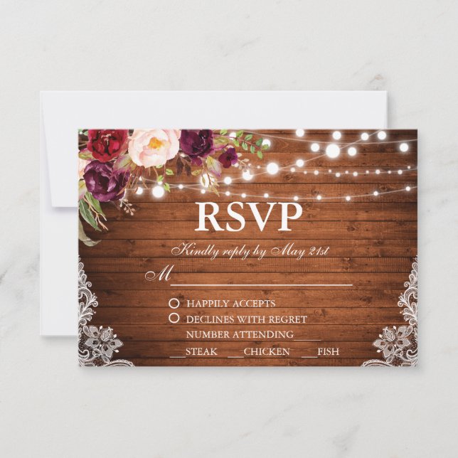 Lumières en bois Mariage rustique Lace Floral RSVP (Devant)