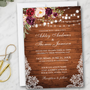 Lumières en bois Mariage rustique Lace Invitation