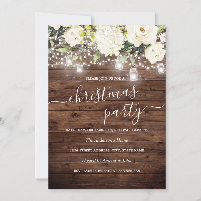 Lumières Floral Rustic Wood Invitation de la fête  (Devant)