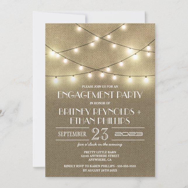 Lumières+ Rustique Burlap Invitations de la partie (Devant)