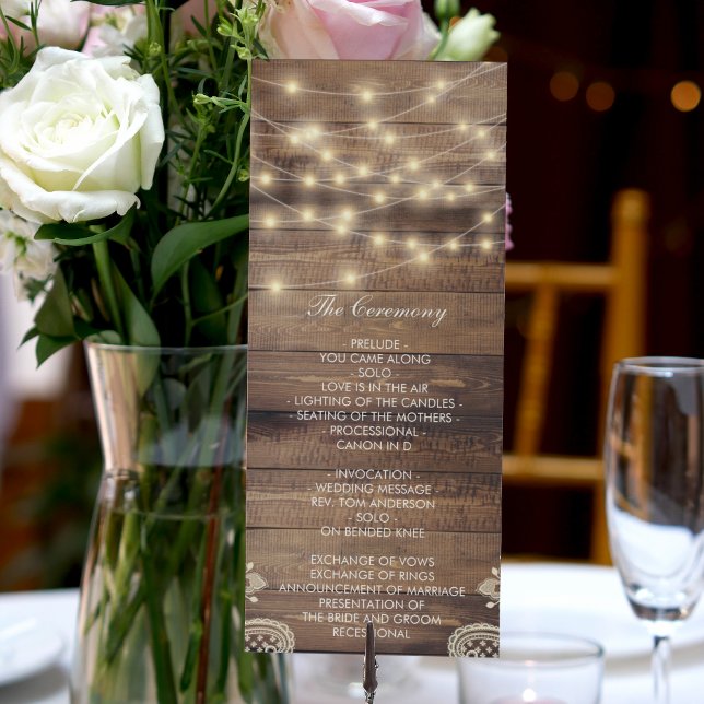 Lumières rustiques en bois et cordes | Programme d (Rustic Wood & String Lights | Lace Wedding Program)