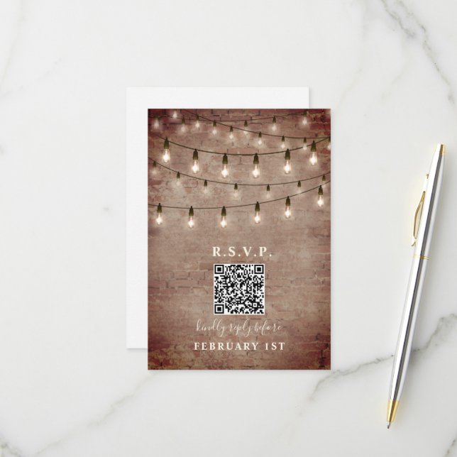 Lumières Vintage Briques Mariage QR RSVP (Devant/Arrière en situation)