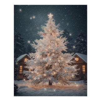 Lumineo Weißer Weihnachtsbaum & Hütten Poster