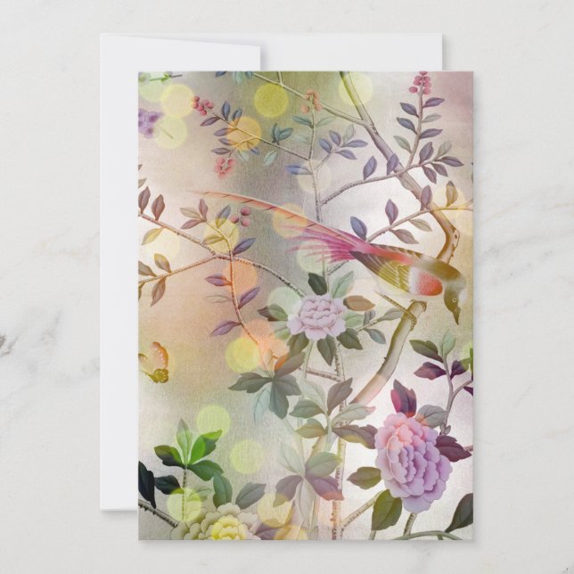 Lumineszente Gold Floral Chinoiserie mit Vögeln Einladung (Vorderseite)