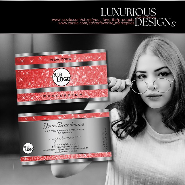 Luminöse Ruby Red Glitzer Stars und Logo Silver Visitenkarte (Von Creator hochgeladen)