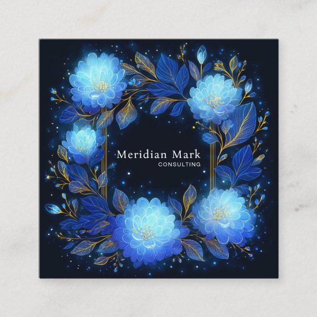 Luminous Blue Floral Gold Celestial Flower Frame Quadratische Visitenkarte (Vorderseite)