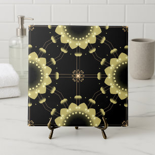 Luminous Gold Black Arabesque Geometric Mandala Fliese