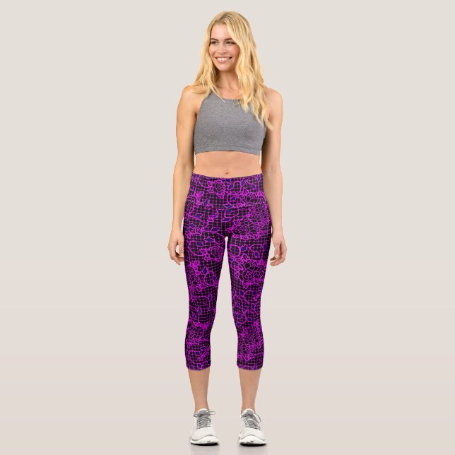 Luminous indigo Blume auf Net.01.b Black BG Capri Leggings (Vorderseite)