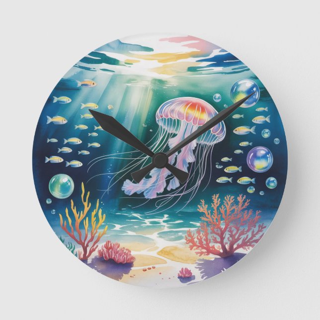 Luminous Jellyfish Underwater Scene Runde Wanduhr (Vorderseite)
