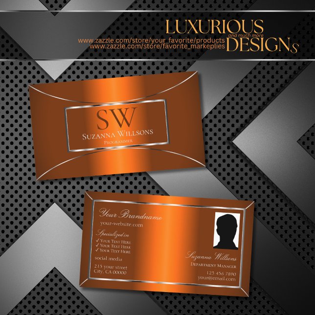 Luminous Orange Silver Decke mit Monogramm und Fot Visitenkarte (Von Creator hochgeladen)