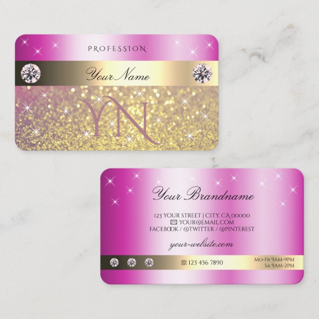 Luminous Pink Lila Gold Glitzer mit Initialen Visitenkarte (Vorne/Hinten)