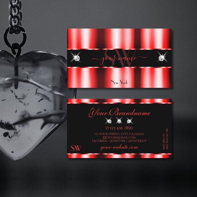 Luminous Red Black Sparkle Jewels Initials Stylish Visitenkarte (Von Creator hochgeladen)