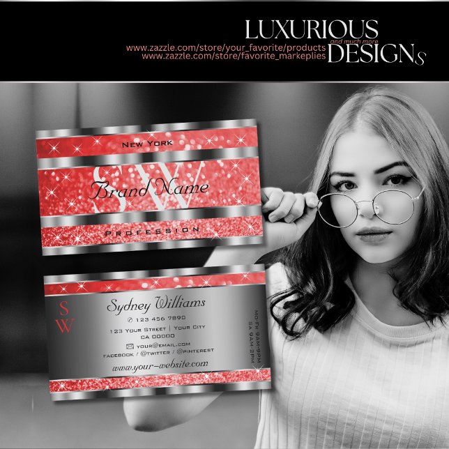 Luminous Ruby Red Glitzer Stars Initials Silver Visitenkarte (Von Creator hochgeladen)