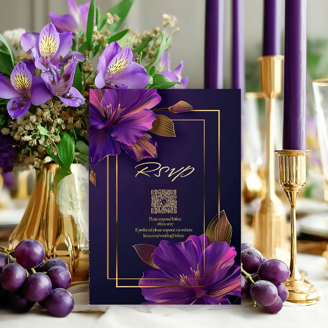 Luminous Violets QR Code RSVP  (Vibrant Modern QR Code Purple Violets Wedding RSVP Enclosure Card )